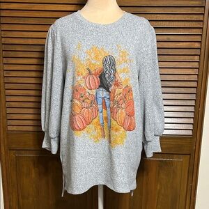 Love & Lace Soft Gray 3/4 Sleeve Top with Girl and Pumpkin Theme Size L